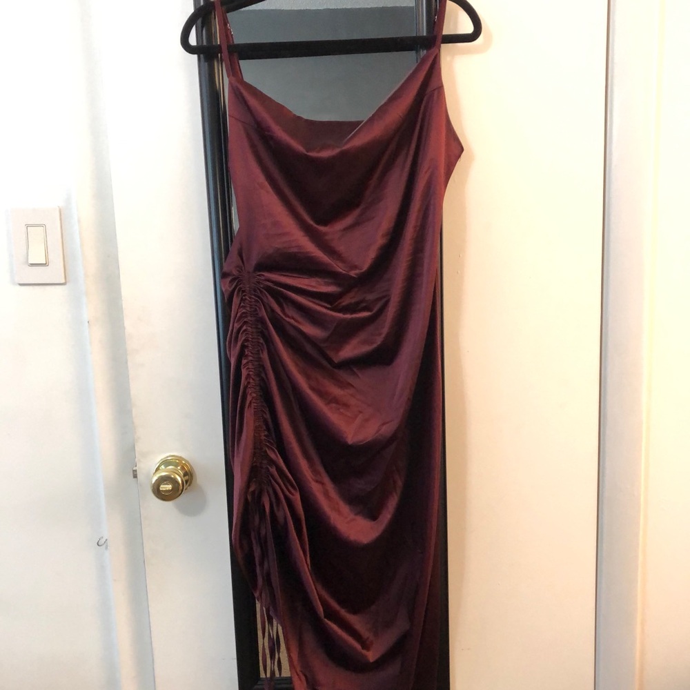 Satin Cowl Neck Ruched Burgundy Slip Dress